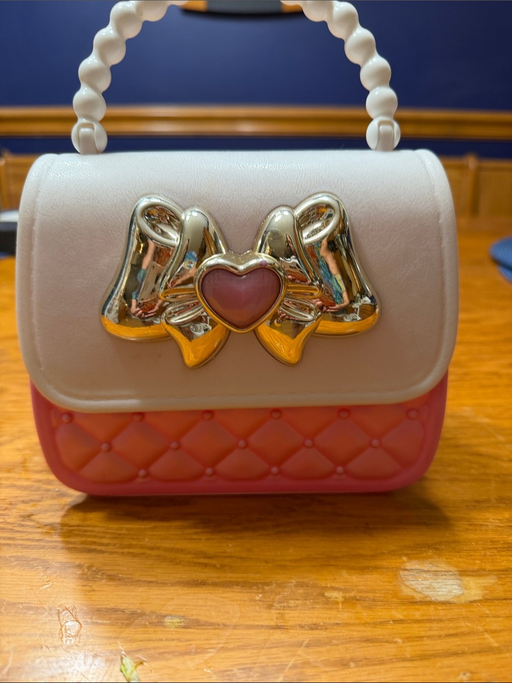 Chic White and Pink Mini Top-Handle Bag with Heart Bow Detail